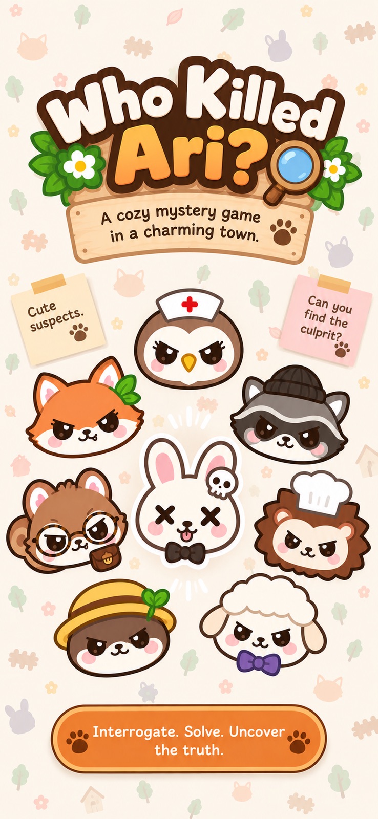 Who Killed Ari? illustrated animal suspects, including a fox, owl, raccoon and rabbit